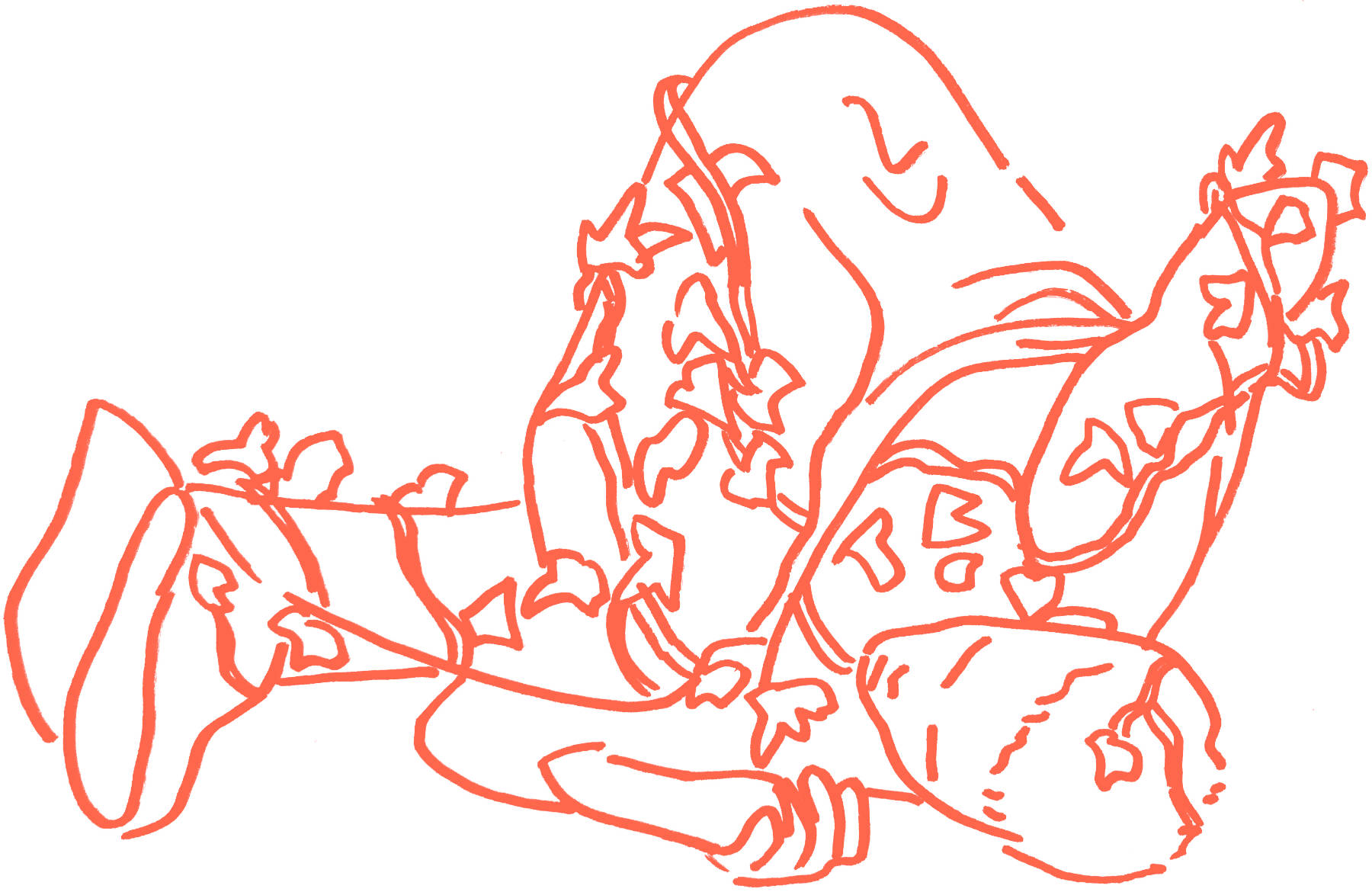 An orange line drawing of a person tangled in an ivy vine