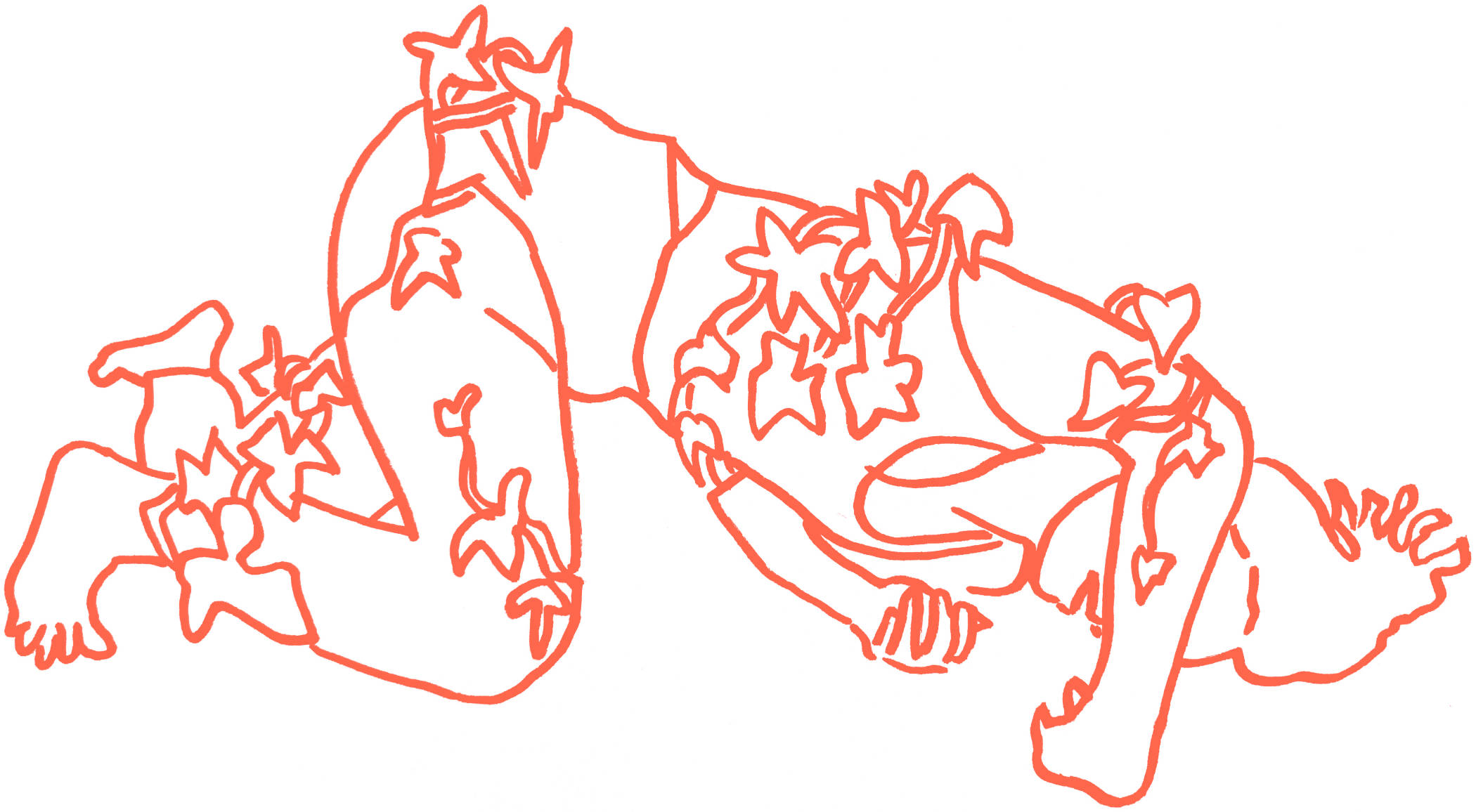 An orange line drawing of a person tangled in an ivy vine